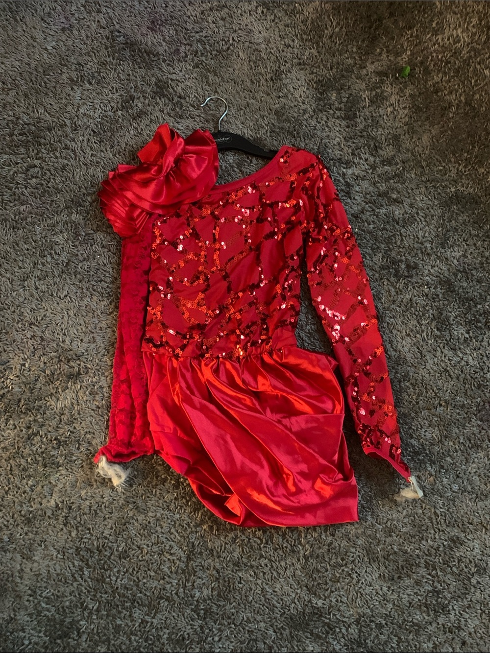 Weissman Red Sequin One-Shoulder Dance Costume with Bow Accent